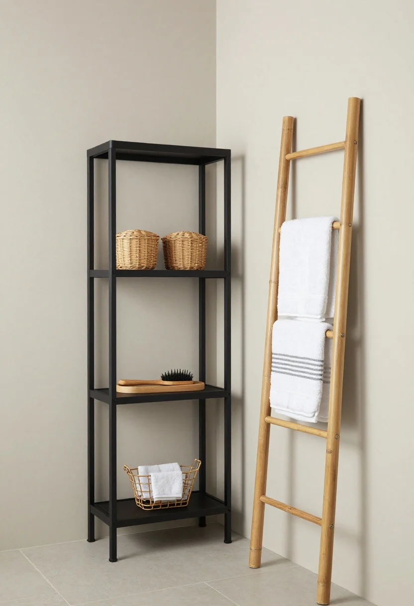 A wide corner-angle shot focusing on vertical storage over the toilet: a slim open-frame over-the-toilet unit in matte black, 26 inches wide with shelves 8–10 inches deep, styled with two woven lidded baskets on the top shelf and a low tray with a hair tool on a lower shelf. Beside the tub, a leaning bamboo/oak ladder rack holding stacked white bath towels on middle rungs and one striped Turkish towel draped for texture; a small hanging basket with washcloths on a lower rung. Hardware and shelving frames match in matte black for cohesion. Light, neutral walls and airy negative space above, emphasizing height and avoiding bulk.
