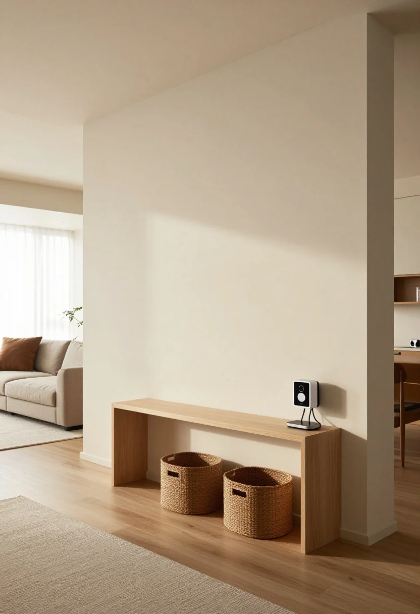 A wide entry-living transition scene showing a runner defining a storage zone and a slim console (10-inch depth) against the wall with a small charging station, cable management clips neatly hiding cords, and two matching baskets tucked below; in the living area, a narrow console behind the sofa with a hidden basket and a charger; rugs subtly separate areas without walls; warm late-afternoon light, clean lines, airy proportions