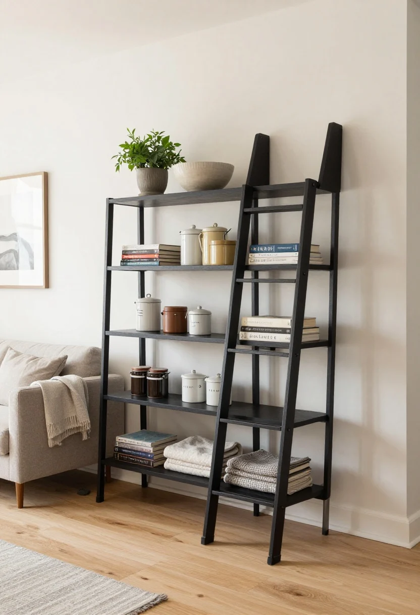 A wide shot of a rental kitchen-meets-living nook showing a leaning ladder shelf against the wall with cookbooks and ceramic canisters on lower shelves, a sculptural bowl and small plant up top; a blanket ladder behind a sofa displaying two folded throws; heavier items placed on the lower rungs for balance; rubber grippy pads visible at the ladder feet on a light oak floor; straight-on perspective with bright, even daylight; restrained styling in black metal + oak + cream