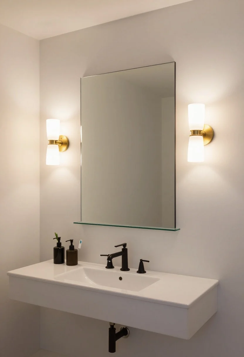 A wide, straight-on vanity wall featuring an oversized mirror extending the full width of the 30-inch vanity and 2 inches beyond on each side, 38 inches tall to bounce light. Side sconces with frosted glass shades are mounted at about 62 inches off the floor, spaced 30 inches apart, casting flattering, shadow-free light. Below the mirror, a 3-inch slim glass shelf aligned with the mirror’s bottom edge holds a hand soap dispenser, a toothbrush cup, and a small plant. Finishes are coherent—either all brass or all matte black on sconces, faucet, and shelf brackets—set against warm white walls for a bright, expansive feel.