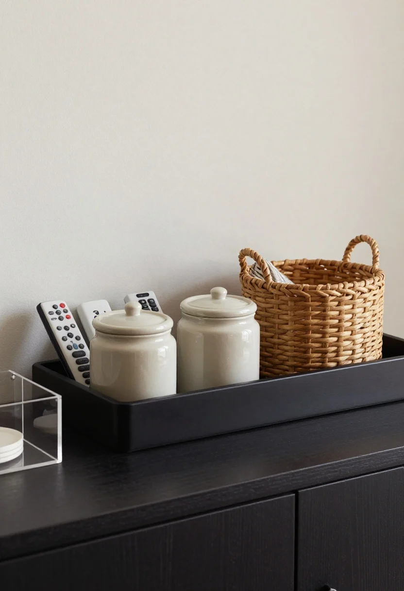 An overhead detail shot of a console surface styled with “pretty containers”: a matte black catchall tray corralling remotes, a lidded ceramic canister for small items, and a woven basket in natural oak tone holding a folded throw; rule-of-three grouping with negative space around; transparent acrylic bin off to the side for craft supplies; cohesive neutral palette (black metal + oak + cream), soft diffused daylight highlighting mixed textures