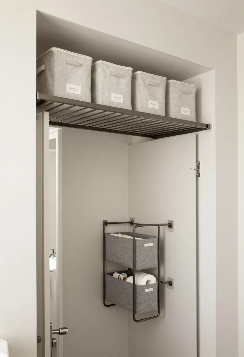 An overhead/doorway perspective showing space above and behind the bathroom door: a 10–12 inch-deep loft shelf spanning the doorframe at roughly 80 inches high, supported by sturdy steel L-brackets, holding matching lidded fabric bins labeled neatly and stocked with spare towels and paper goods. Behind the door, a low-profile, powder-coated metal back-of-door rack with adjustable 4–6 inch-deep baskets lined with felt to prevent small items from slipping. Felt pads protect paint at contact points. The door swings freely with visible clearance from nearby fixtures. Light, neutral palette keeps storage visually quiet.
