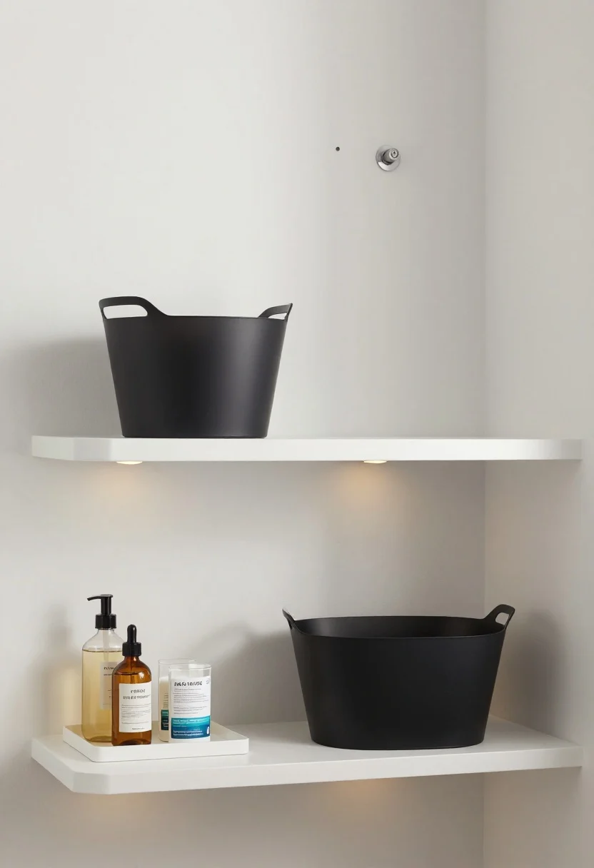 Clean, minimal graphic-style scene for an FAQ header in a bathroom context: a photorealistic, softly lit vignette showing opaque baskets on a floating shelf with one intentionally open spot, a freestanding over-the-toilet unit, a tension corner pole in the shower background, and peel-and-stick hooks on painted drywall—not tile. Warm LEDs (2700–3000K) cast gentle light; finishes are brushed nickel/matte black. Decanted daily liquids in wide-mouth bottles sit on a tray; a clearly labeled opaque bin contains medicated products. Mood: instructional yet serene, no people, clutter-free.
