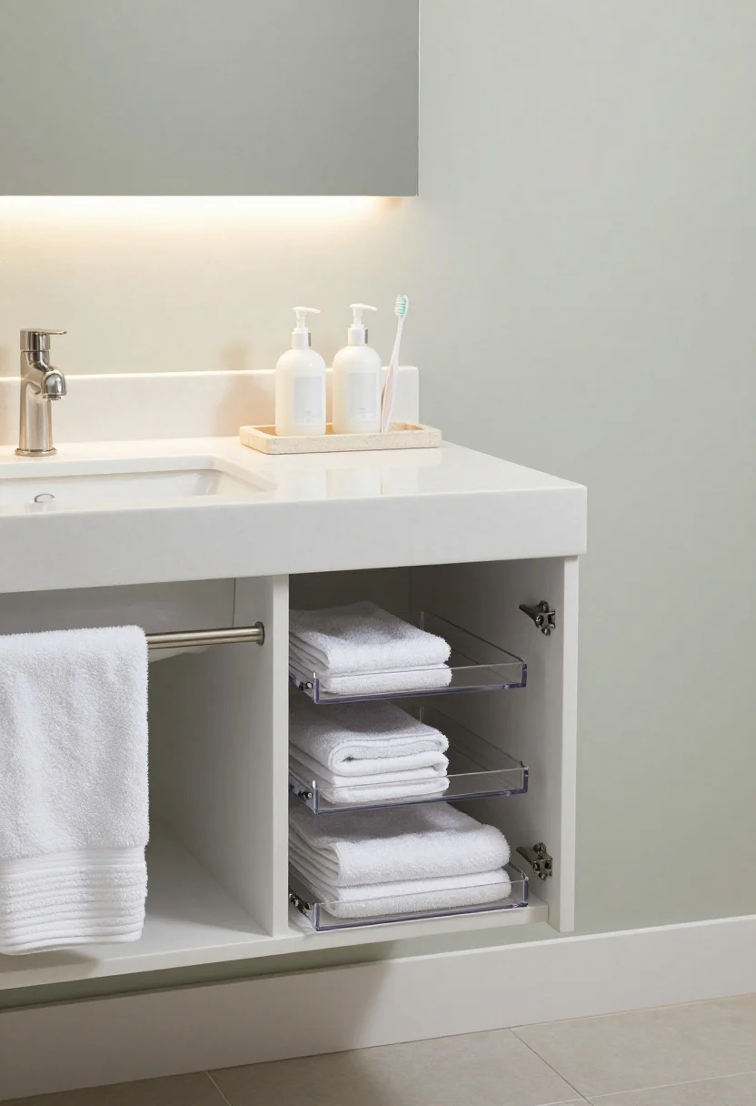 Closeup, straight-on bathroom vanity detail: pale sage wall backdrop, white quartz countertop with brushed nickel faucet; a frameless medicine cabinet slightly open revealing interior lighting that makes products bright and legible; on a stone tray, only daily-use items—face wash, toothbrush, moisturizer—in matching pump bottles with large, clear labels; under-sink cabinet open to show clear drawers on rails with neatly visible contents; towel color cue present—folded white bath towels and gray hair towels; matte porcelain floor tile with light gray grout visible at frame edge; clean, spa-like daylight.