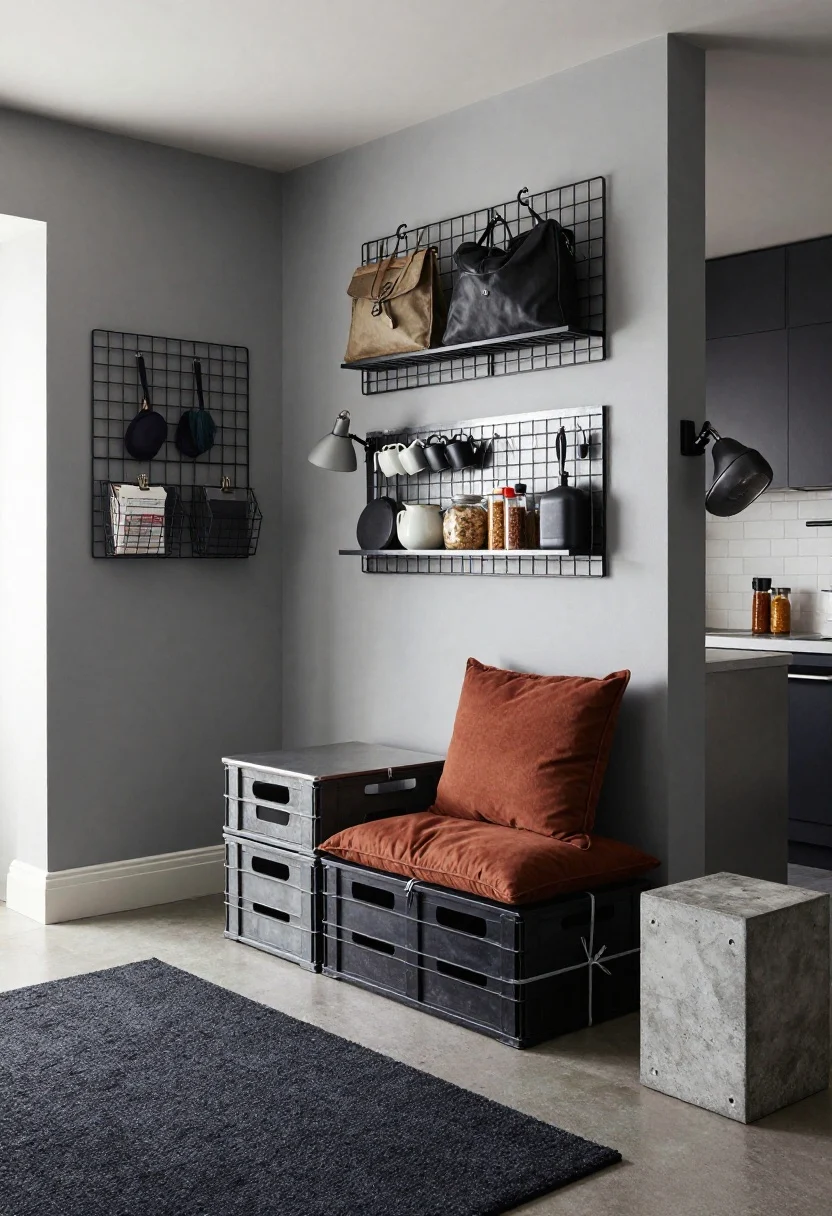Corner angle, industrial loft lite entry and living vignette: cool gray walls, charcoal rug, black and galvanized metal accents; wire grid panel by the entry with S-hooks holding bags and caps, clip-on basket for mail; pair of nesting tables replacing a bulky coffee table; TV wall with milk crates stacked into a modular console secured by zip ties; kitchen corner hints with a magnetic knife strip and pegboard organized with mugs, spices, and pans; camel throw and rust cushions softening the steel vibe; clip-on task lamps attached to shelves; concrete-look contact paper on a thrifted side table; crisp, urban lighting, photorealistic.