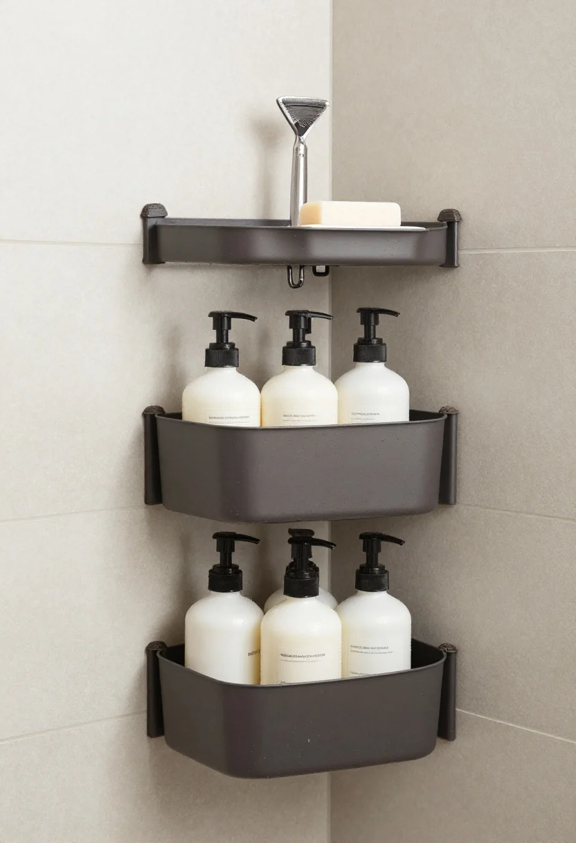 Corner angle medium shot inside a shower featuring a matte, rust-resistant metal tension pole caddy securely wedged floor-to-ceiling. Three baskets: eye-level for matching pump bottles of shampoo and conditioner, lower shelf for body wash, top basket for spares and a hanging razor on a small hook. A removable draining soap dish holds a bar soap without pooling water. Anti-slip rubber end caps are visible; labels on bottles face forward. Subtle water beading; matte finish hides spots. Clean tile backdrop; balanced, diffused bathroom lighting.
