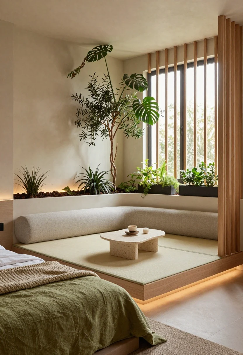 Corner-angle medium shot of a Biophilic Corner Sanctuary: compact corner sofa on one side, raised sleeping platform with tatami mat on the other, separated by a slim slatted ash screen channeling light; travertine coffee table with rounded edges centered; bed dressed in mossy linen layered with a knit throw; wall-mounted night ledge replacing bulky tables; greenery plan in action—tall monstera lifting ceiling line, sculptural olive tree, window herb planters; lighting includes subtle uplights behind plants casting soft nocturnal shadows and a linear LED under the platform lip to float the bed; palette sage, clay, ash wood, cream; serene, textured, photorealistic.