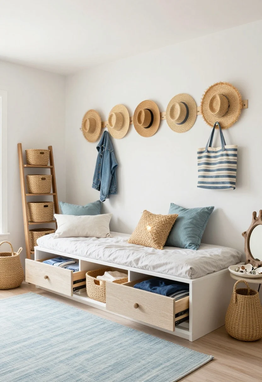 Cozy coastal daybed nook, wide shot from a slight corner angle: a storage daybed with deep, full-extension drawers pulled slightly open showing neatly folded off-duty clothes; pale blue rug and woven rattan sconces casting warm light. Above the bed, Command-hook peg strips arranged in a gentle wave holding straw hats, a denim jacket, and a striped beach tote like art. Flanking the daybed, two closed-door nightstands. A leaning ladder shelf stacked with labeled baskets in two sizes. Palette of soft white, sea-glass blue, sandy beige, honey rattan; textures of seagrass, linen duvet, rope-handled baskets; include a driftwood-style mirror and shell jewelry tray. Bright coastal daylight, photorealistic.
