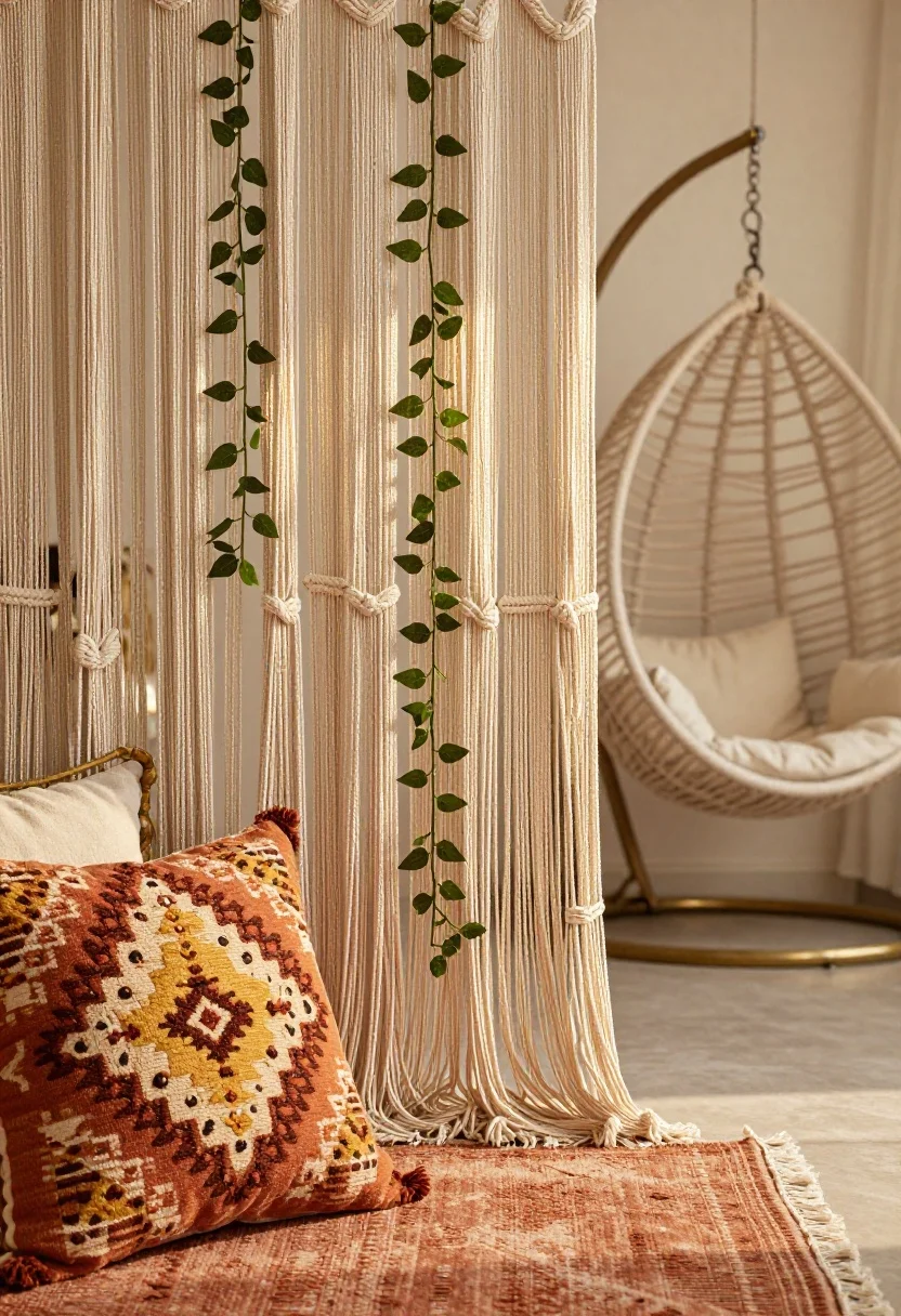 Detail closeup, Boho Nook textures in golden hour: macramé privacy panels suspended from removable command hooks, sunlight filtering through knots; faux ivy garland woven into the macramé for extra density; foreground shows edge of a faded terracotta outdoor rug and a kilim pillow in terracotta, saffron, and cream; a hint of aged brass accent from nearby decor; soft bokeh of a hanging egg chair on a freestanding frame in the background; optional linen drop cloth curtain partially visible for added coverage; warm, cozy, romantic mood, photorealistic.