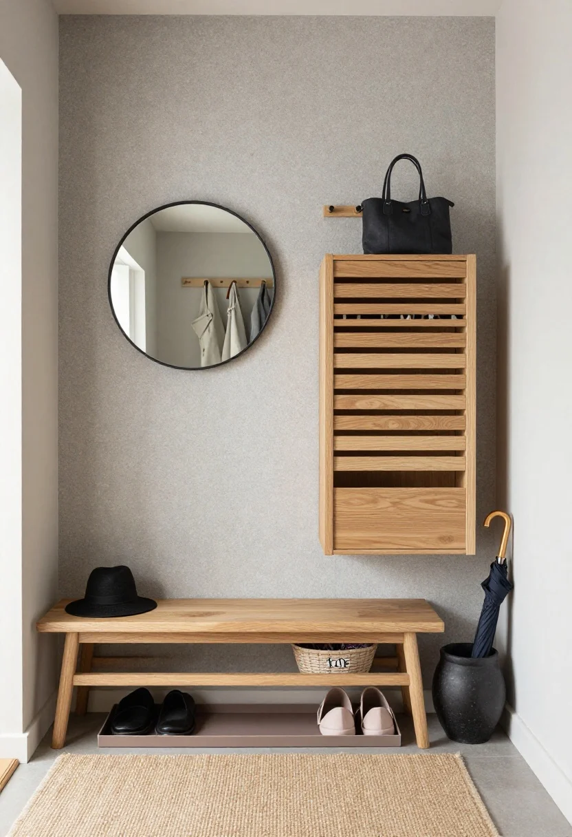 Detail closeup, entryway vignette, straight-on: A Japandi landing zone featuring a slim oak bench with a low shelf against a pebble-gray wall, a slatted shoe cabinet, and a round black-framed mirror reflecting light. Neutral palette of bone, sand, and charcoal. Peg rail with neatly hung coats and totes; labeled baskets for hats and scarves under the bench; an umbrella stand in black stoneware; a shoe tray in powder-coated metal. Natural coir mat layered over a low-profile runner. Calm, diffused daylight, photorealistic.
