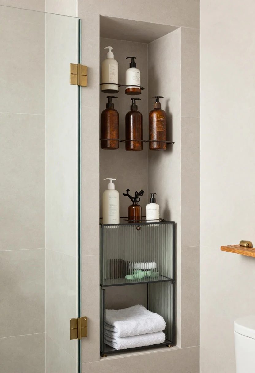 Detail closeup in a spa-serene bathroom: tall recessed niche tower in the shower organizing shampoos by category against soft greige tile; slim rust-proof bottle caddies hanging off the glass for extras; brushed nickel fixtures subtly gleaming; secondary glimpse of a two-tier under-sink pull-out organizer lifting hair tools and skincare, and a slim over-toilet cabinet with fluted glass doors; accents of pale eucalyptus towels and a teak mat; soft, diffused spa-like lighting.