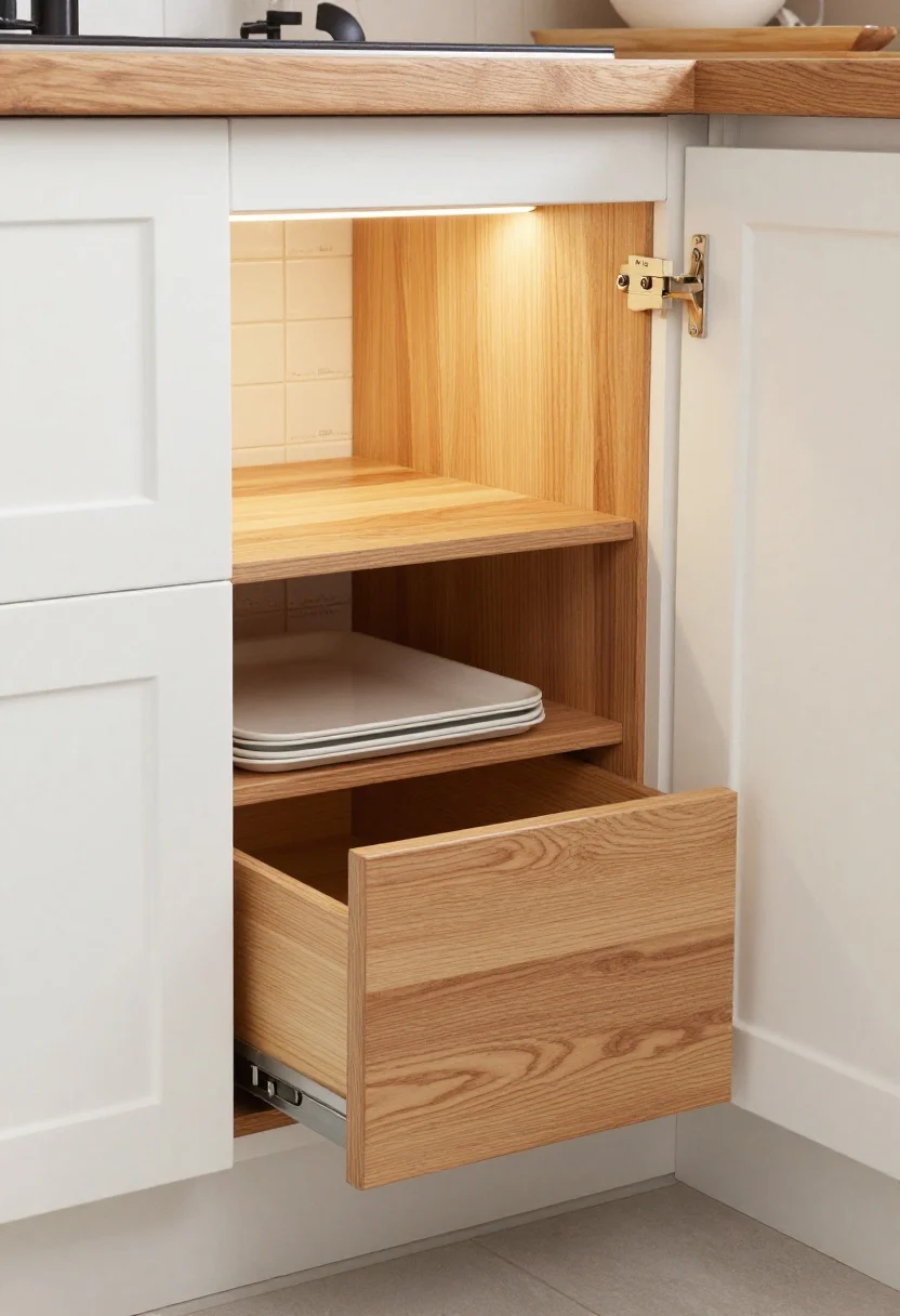 Detail/closeup, kitchen toe-kick storage: photorealistic shot at floor level showing a base cabinet run with matching cabinet fronts and a slim toe-kick drawer pulled out, revealing neatly stacked sheet pans and cutting boards. Include full-extension slides, warm white cabinetry, oak/walnut accents, under-cabinet LED strip glow on the backsplash. Secondary inset detail: a disguised 12–18 inch deep pantry niche door flush with cabinets (hidden hinges), slightly ajar to show adjustable shelves lined with peel-and-stick tile and labeled edges (baking, snacks, lunch). Clean, streamlined look; side angle.