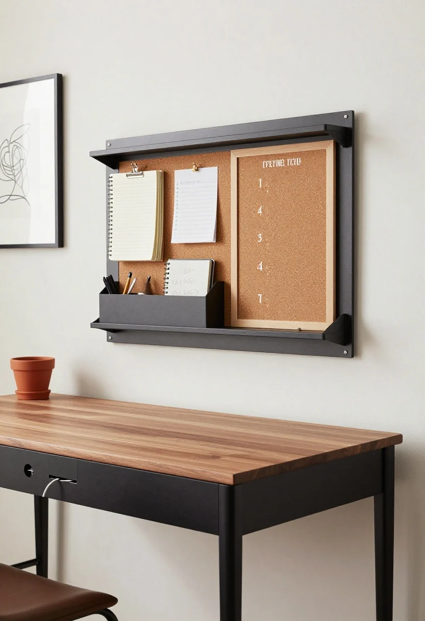 Detail closeup of a modular metal wall grid system above a walnut desk with matte black legs in a warm white studio-meets-office; clip-on shelves holding notebooks, a pen cup, and a cork board panel with pinned deadlines; glimpse of a rolling pedestal drawer edge and charging drawer cable pass-throughs below; styling includes a single terracotta planter and framed line art; crisp, evenly lit workspace feel.