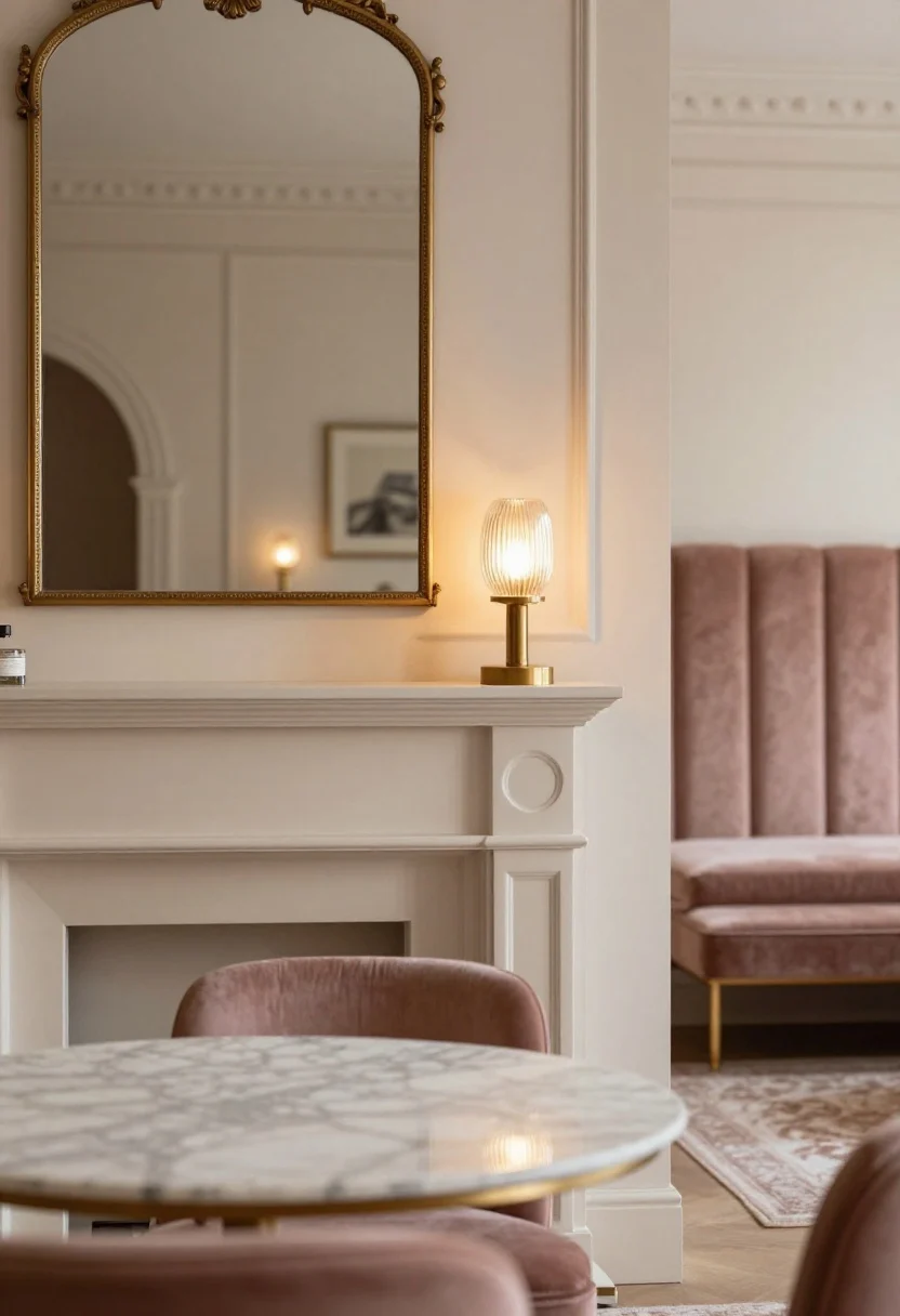 Detail closeup of the Parisian Chic One-Room Suite mantel vignette: creamy wall backdrop, ornate mirror above a faux mantel as focal point, brass picture lights illuminating framed art; fluted glass lamp glow on the mantel, hints of dusty rose velvet loveseat edge and marble-topped bistro pedestal table in foreground bokeh; soft vintage-inspired rug in faded blush and taupe peeking at floor; tall channel-tufted oyster velvet headboard softly out of focus in background, bouclé storage bench at bed foot implied; color accents cream, dusty rose, antique brass, soft taupe; elegant, romantic, evening ambient lighting.