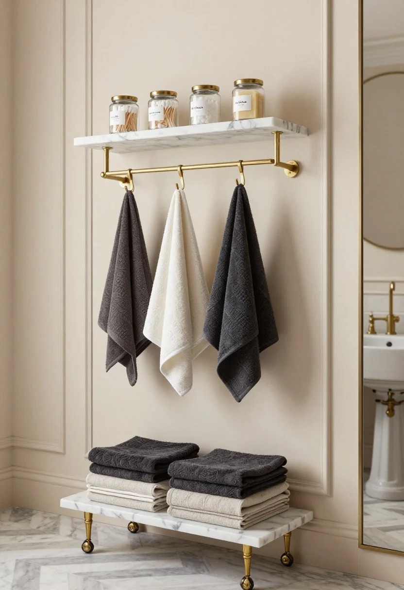 Detail closeup, Parisian Chic: focus on a slim brass rail system mounted above creamy picture-frame molded walls, with two floating marble shelves. Hooks on the rail hold neatly folded guest towels and washcloths; lined along the shelves are clear glass apothecary jars labeled cotton swabs, bath salts, artisan soaps. In soft background bokeh, hints of a chevron marble floor and a forged brass faucet over a pedestal sink; include a narrow fluted-front rolling cart edge with linen-wrapped boxes peeking on lower shelf. Warm, elegant lighting with subtle brass reflections; palette of cream, brass, black accents, gray veining.