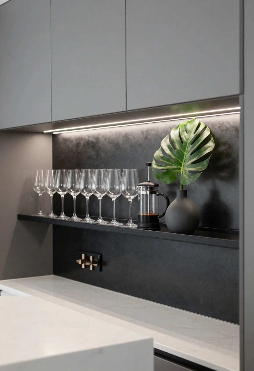 Detail closeup, Sleek City Nook: a single black steel slim-profile shelf mounted over a high-gloss charcoal backsplash; on the shelf a precise row of tall stemless wine glasses, a matte black French press, and a small sculptural vase with a clipped monstera leaf; smoke gray cabinetry edges and white quartz counter with faint veining visible; brushed nickel faucet catchlights; narrow LED strip under the shelf creating crisp task lighting and reflections; dramatic, minimal, photorealistic, straight-on crop.