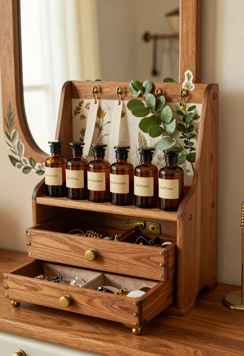 Detail closeup, straight-on: Vintage apothecary vignette with warm woods, amber glass, oil-rubbed bronze, and leafy greens. A removable adhesive shelf above the toilet lined with amber apothecary bottles labeled with cream washi tape and black pen. Below, a portable wooden makeup caddy with brass hardware slightly pulled out from under the sink. Peel-and-stick botanical decals frame the mirror edge in soft focus. Velvet-lined shallow trays on the counter hold jewelry and hair clips; over-the-cabinet bronze hooks peek from behind a linen curtain, suspending hair tools. Warm, cozy lighting, rich textures, photorealistic patina.
