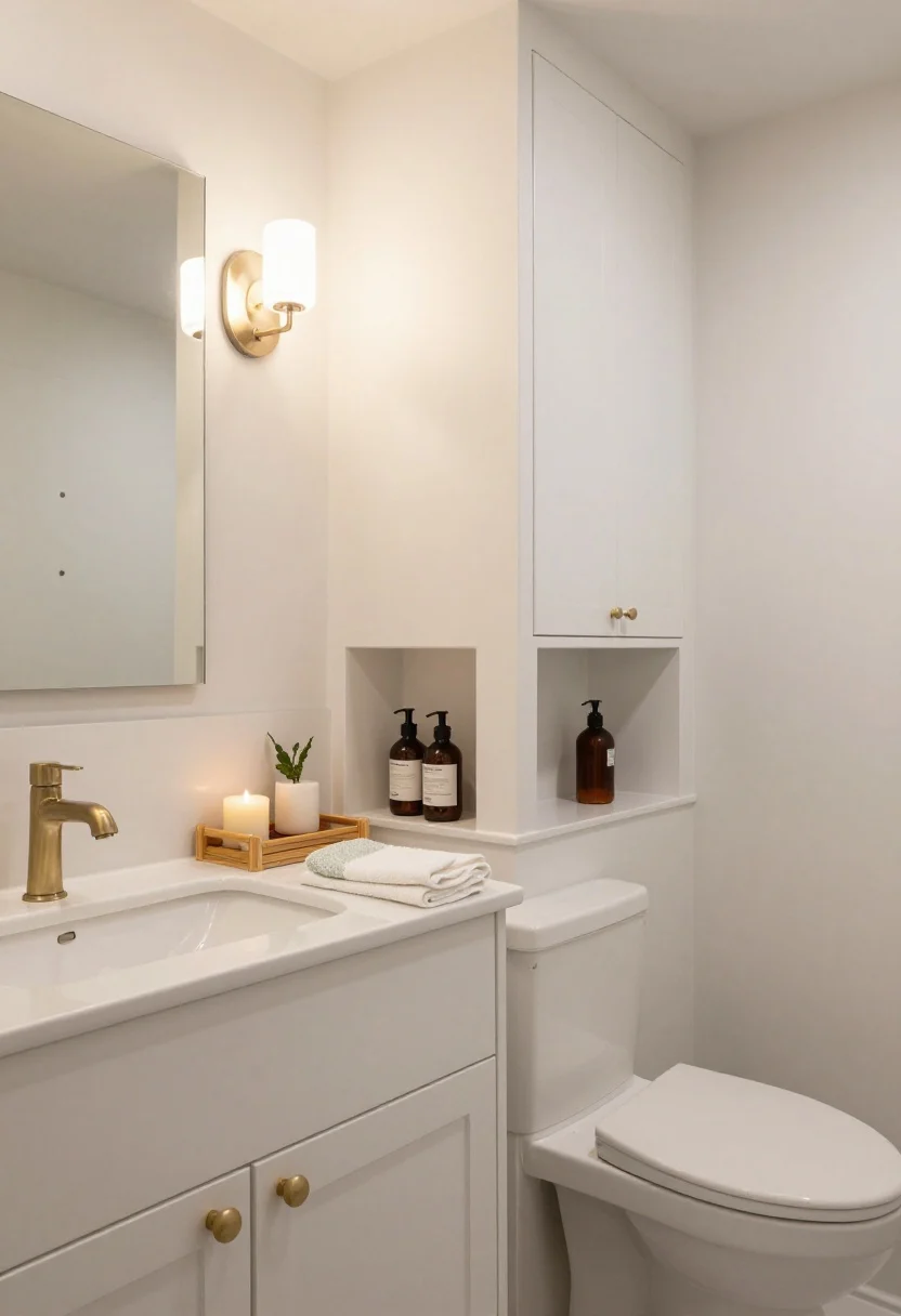 Detail/medium bathroom shot from a side angle focusing on the “spa-ledge” continuity: warm white or moisture-safe wall with a narrow ledge 4–5 inches deep running at 44 inches high holding a small plant, candle, and a neatly folded towel; over-toilet cabinet 24–30 inches wide, at least 10 inches deep, painted same color as the wall with closed doors; shallow vanity 16–18 inches deep with two drawers slightly open to reveal a bamboo organizer tray for daily skincare; matching pump bottles in a shower niche at chest height (or a slim rustproof corner caddy if niche implied), brushed nickel or brass faucet; flattering light from two plug-in sconces flanking the mirror; clean, reflective, serenity-forward mood, photorealistic.