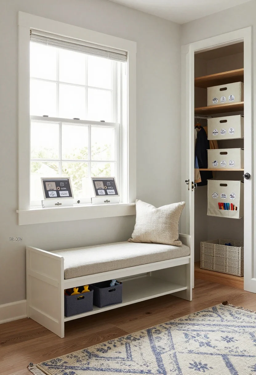 Detail/overhead shot, kids’ room window seat and closet labels: a 48–60 inch wide window bench (18–20 inches high/deep) in painted wood with a soft-close hinged top lifted to reveal a deep toy well. Inside, two large bins for bulky toys and smaller closed boxes with icon + word labels for sets. Nearby, a peek into a closet shows a low rod at 36 inches with reachable clothes and closed-front baskets on shelves plus a door-mounted organizer for art supplies. Fabrics are durable, washable performance linen/canvas; add a boucle accent pillow on the seat and a low-pile patterned 5x7 rug that hides crumbs. Bright natural light, crisp textures, no people.
