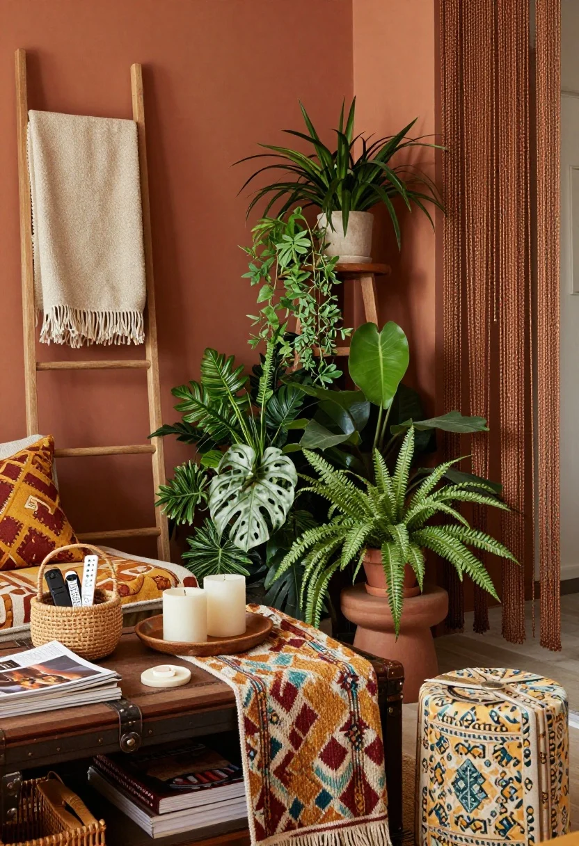 Detail shot, boho-maximalist order and texture: warm terracotta wall backdrop with layered patterned textiles in rust, marigold, emerald, and cream; ladder rack displaying draped blankets and magazines; trunk coffee table partially open to suggest hidden seasonal decor; cluster of plants on staggered stools and window ledge forming a lush vertical garden divider; tabletop styling rules visible—one rattan basket for remotes, one lidded bowl for keys, one tray for candles; beaded curtain in the background softening an opening; warm, cozy ambient light, photorealistic closeup.