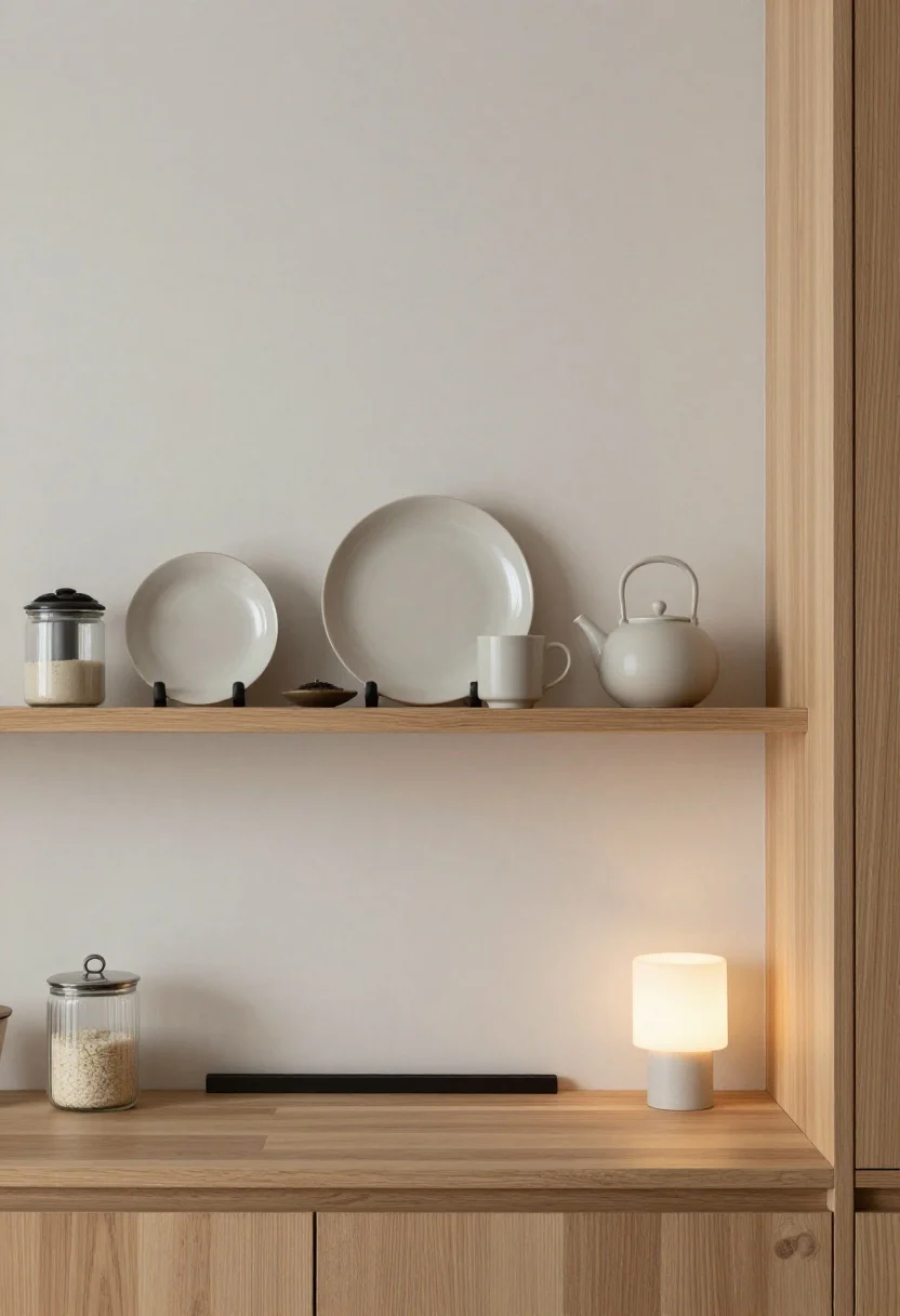 Detail shot, Clean-Lined Japandi: low-profile maple shelf spanning a narrow wall between tall cabinets; large-format porcelain backsplash in pale mushroom tone with minimal grout lines; on the shelf two stoneware plates, one teapot, three neutral mugs, and a small incense dish composed with careful spacing; beneath, a slim magnetic knife strip aligning blades; ribbed glass canister for rice on the counter beside a short ceramic lamp casting a soft evening glow; palette of maple, mushroom, sand with soft black accents; serene, photorealistic, close focus on textures and negative space.