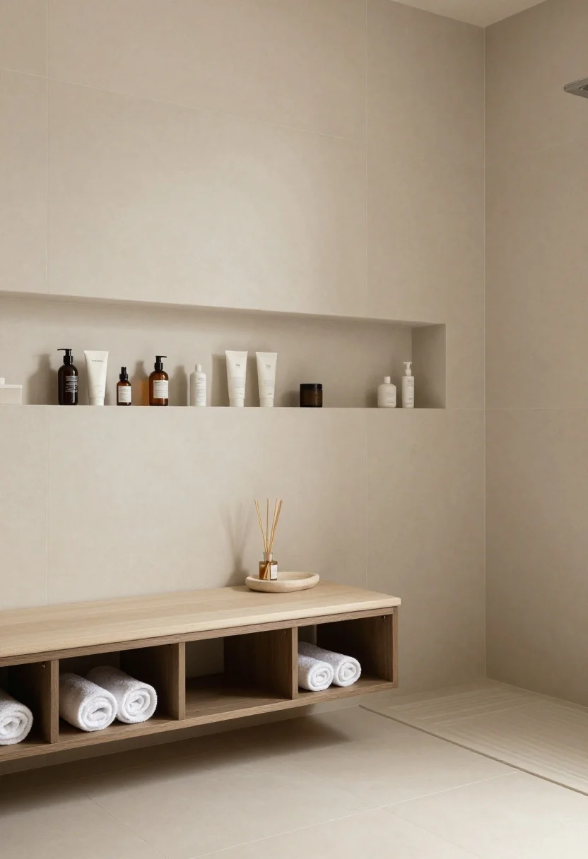 Detail shot, Spa Minimalist textures: an architectural recessed ledge running the length of the vanity into the shower, only a few inches deep, neatly lined with daily skincare bottles and shampoo; oversized sand-toned porcelain tiles floor-to-ceiling as backdrop. In frame, the edge of a pale oak floating vanity with integrated pulls and open towel cubes below storing rolled bath sheets; a built-in bench at the shower entry slightly open to show a lift-up compartment with extra supplies. Soft, diffused light, warm white and soft taupe palette; minimal styling with a sculptural stone tray and reed diffuser hinted at the edge. Calm, serene, photorealistic.