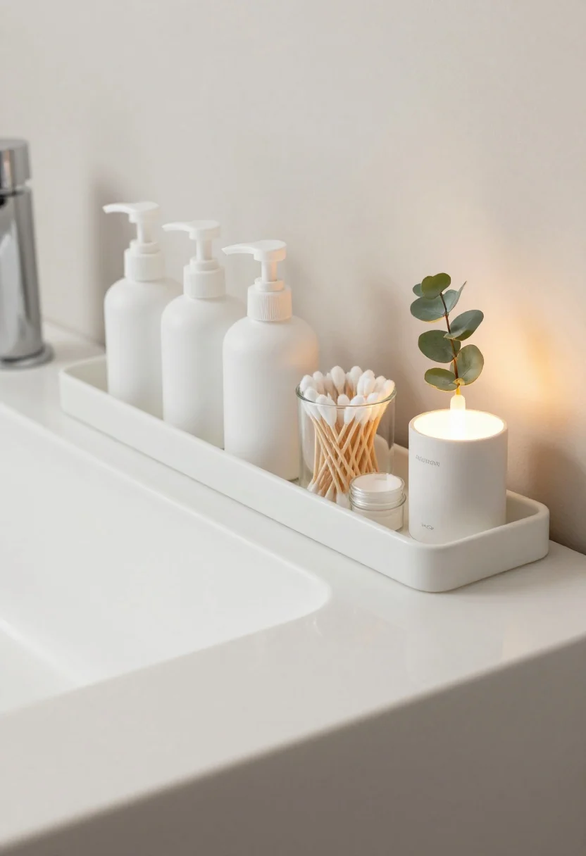 Detailed closeup, straight-on view of a slim sink-side landing zone on a white quartz vanity. A narrow tray (6–8 inches deep) with a subtle lip corrals exactly 5–7 items: two uniform matte white pump bottles (cleanser, lotion), a sealed glass jar of cotton swabs, floss, and a small vertical accent—either a eucalyptus-green bud vase or a rechargeable mini lamp emitting warm 3000K light. Water-resistant material for the tray (solid surface or sealed bamboo). The rest of the counter is clear, creating an intentional, tidy focal rectangle; labels are quiet and minimal. Mood: calm, warm, and organized.