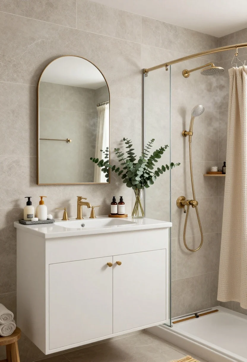 Medium bathroom shot, straight-on: A serene spa bath with greige stone-look tile on floors and shower walls, a floating white oak vanity with integrated pulls, and a framed arched mirror. Brushed nickel taps, a waffle-weave shower curtain, and a bamboo bath mat add warmth. Eucalyptus bundle near the shower head, slim wall cabinet, small stool topped with neatly rolled towels. Vanity surface edited to a stone tray with hand soap and lotion; apothecary jars for cotton and salts; a lidded hamper tucked nearby. Soft spa-like lighting with subtle steam haze, photorealistic.