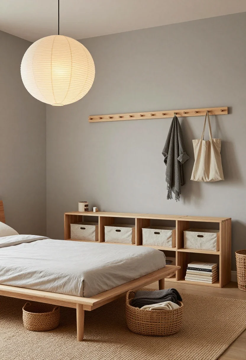 Medium bedroom shot, Japandi calm: matte greige walls, low futon-style bed with a DIY natural wood slatted headboard outfitted with small hooks and clips for bedtime essentials; flatweave rug widening the room visually; narrow bench at the foot holding baskets and folded throws; crate-style wooden cubes stacked as a petite nightstand with open and closed-back sides for books and corralled clutter; soft fabric bins peeking from under-bed storage; wall-mounted peg rail with tomorrow’s outfit and tote; plug-in paper lanterns providing warm, diffuse light; serene, intentional mood, photorealistic.