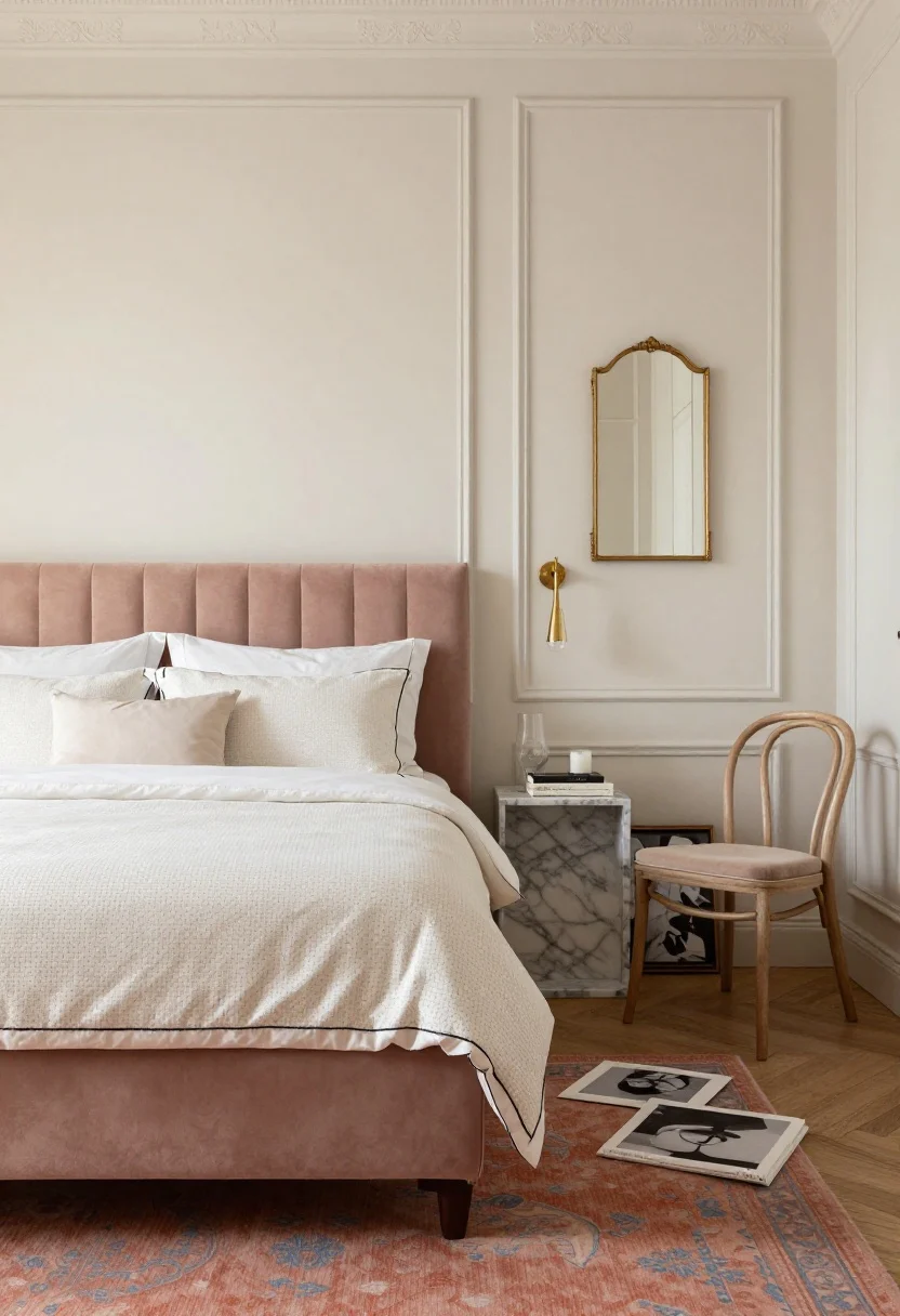 Medium bedroom shot, straight-on: A Parisian-inspired retreat with cream walls and slim molding, a velvet channel-tufted headboard in dusty blush, percale bedding with petite black contrast stitch neatly made with hospital corners. Marble-topped nightstands with delicate brass sconces above each, surfaces pared to a carafe, one book, and a small candle. A vintage-style rug in faded coral and indigo, a gilded mirror, two black-and-white photographs, and a bentwood chair as a catchall. Soft morning light, elegant and restrained, photorealistic.