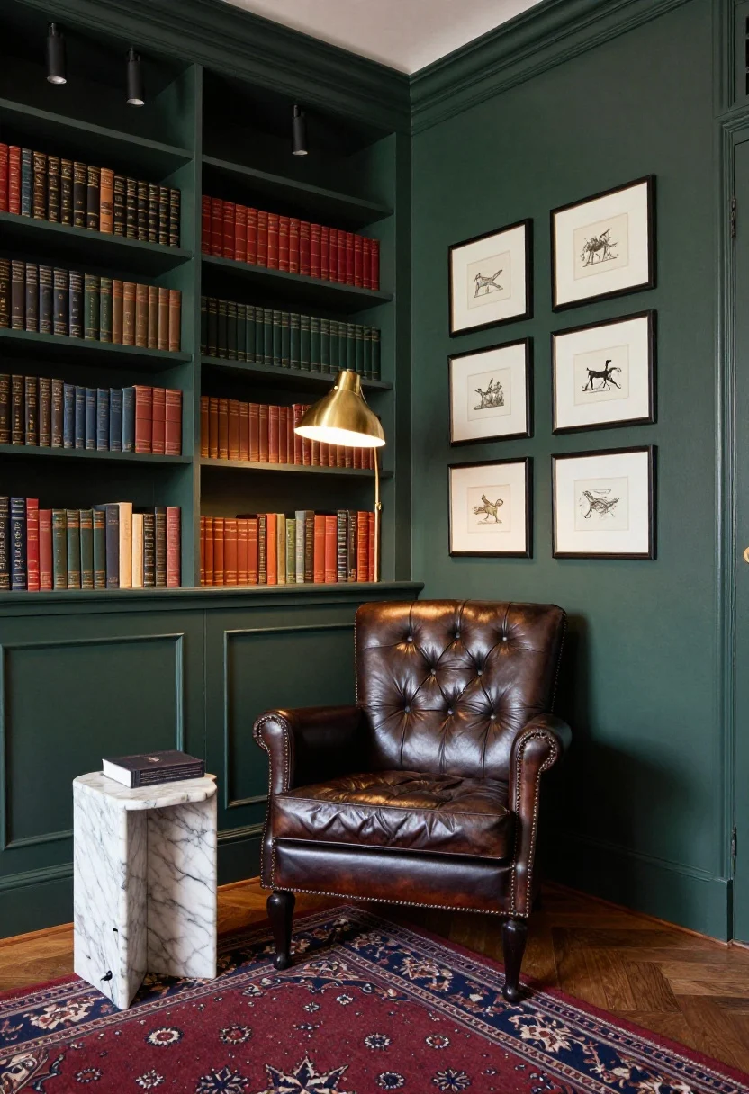 Medium corner angle: A moody heritage library nook painted in deep ink green, featuring a tufted leather club chair with a petite marble-topped pedestal side table and a compact leather ottoman. One wall lined with built-in bookcases holding curated books styled with negative space; matte black picture lights above shelves, and a brass pharmacy lamp beside the chair casting a warm glow. Vintage rug in oxblood and navy underfoot, framed etchings arranged in a grid on the adjacent wall. Cables hidden in a lidded box, atmospheric evening lighting, photorealistic.