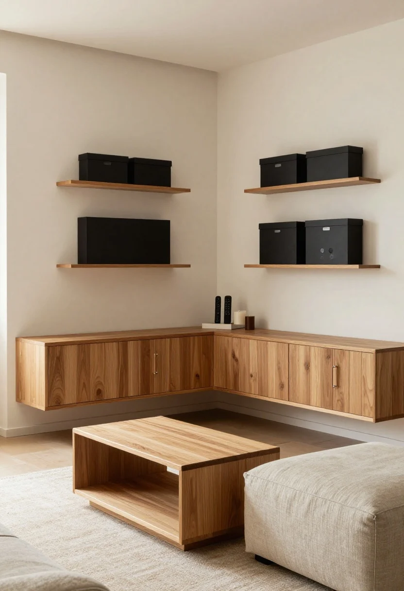 Medium corner angle of a Japandi living room featuring a floating wall-to-wall oak media console with fluted doors and hidden cord trough; two nesting coffee tables partially tucked together; three frame-front boxes mounted on the wall for remotes and candles; a linen-covered storage ottoman; color story of warm oak, bone white, matte black accents, and a whisper of sage in throw pillows; soft, airy natural light for a serene, zen mood.