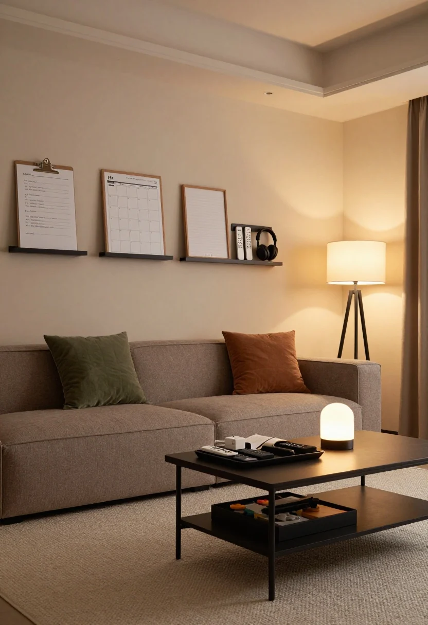 Medium corner angle of a warm-modern living room in layered neutrals: taupe sectional on a textured cream rug, coffee table with black metal legs; on the “Action Center” wall at eye level, a trio of picture ledges holding clipboards with active lists, a wood-framed weekly whiteboard, and a narrow peg rail with remotes and headphones; two pillow colors only (moss green and clay) on the sofa; media console with open rattan baskets beneath; a matte black tripod floor lamp and a smart bulb table lamp glowing in wind-down mode; tray-on-tray system on the coffee table corralling remotes/charger and fidgets/book; warm, evening lighting, photorealistic.