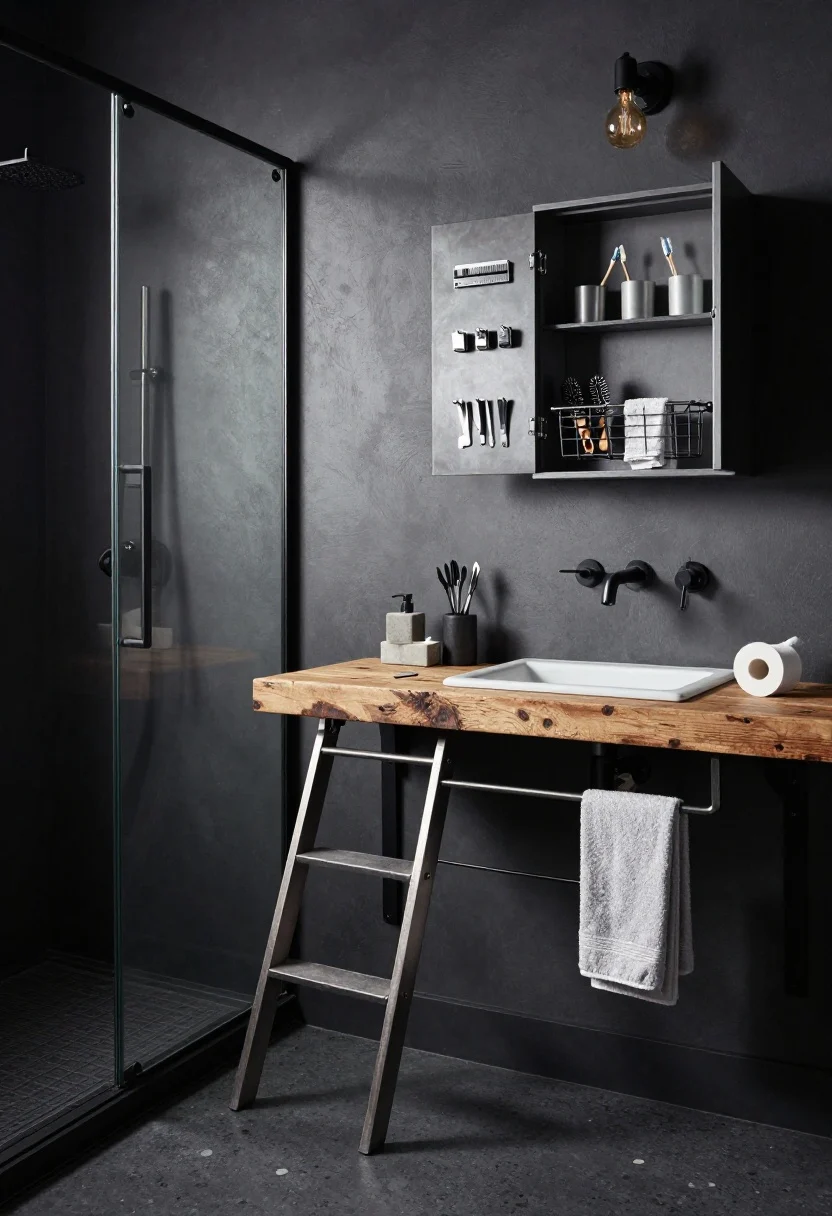 Medium corner shot, Industrial Loft bathroom: charcoal microcement floor, black-framed steel shower screen, reclaimed wood vanity on matte black brackets, wall-mounted matte black faucet, exposed bulb sconce. Focus on a powder-coated steel ladder leaning between the toilet and vanity with clip-on wire baskets holding towels, hair tools, and spare toilet rolls. Show a shallow metal medicine cabinet open to reveal magnetic organizers: toothbrush cups, bobby pin strip, tweezer clips; plus a magnetic knife strip repurposed for nail clippers and grooming tools beside a concrete-look soap dispenser and slim rectangular sink. Moody, edgy lighting with soft shadows; palette of black, smoke gray, weathered wood.