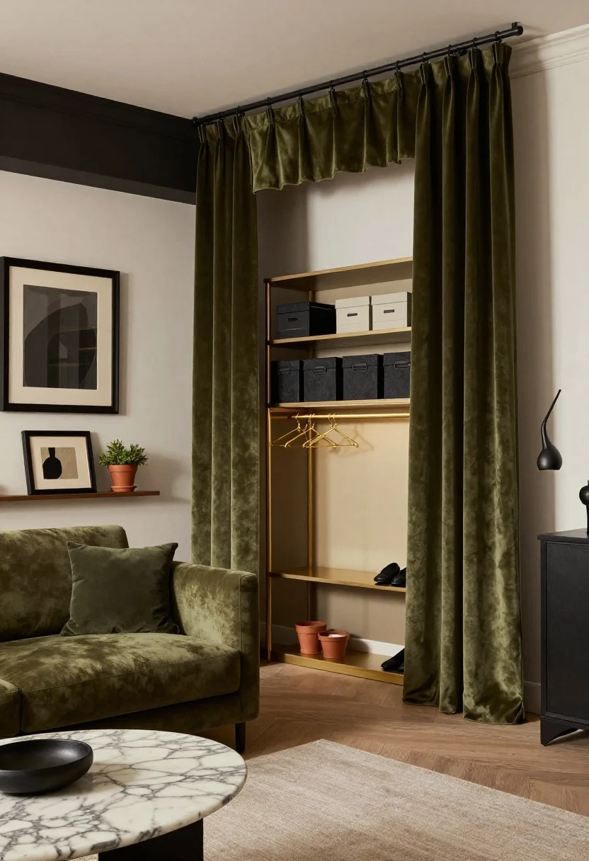 Medium corner shot of a creative loft-style living room behind the sofa: a tension-mounted ceiling rail spans the corner with olive velvet drapery; curtain half-open to reveal a curated mini wardrobe—freestanding garment rack in brushed brass with brass hangers, a narrow shoe tower, and a lightweight shelf unit above with uniform fabric bins and labeled boxes. Matte black accents, terracotta pots with greenery, an art ledge with oversized frames, marble-topped side table, sculptural floor lamp for drama. Palette of olive, black, brass, natural canvas. Soft directional evening light for a gallery-sleek mood, photorealistic.