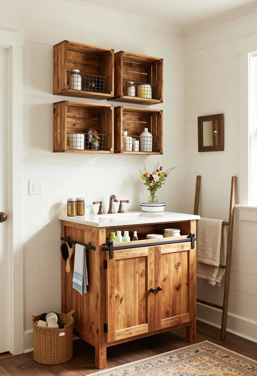 Medium corner shot, Rustic Farmhouse bathroom: white shiplap walls, antique bronze fixtures, reclaimed wood vanity with a sliding mini barn door front, vintage rug adding color on the floor. Emphasize a crate wall above the vanity: three reclaimed wood crates mounted horizontally with wire basket inserts, labeled hair, bath, guests; contents tidy. Inside the vanity, sturdy pull-out bins gliding like drawers with toiletries; back-of-door rack holding hairbrushes and cleaning cloths visible. Include mason jar sconces, enamel soap dish, wildflower stems in a small jar, and a ladder-style towel rack near a window with a woven hamper below. Warm, cozy lighting; palette of warm whites, honeyed wood, aged bronze.
