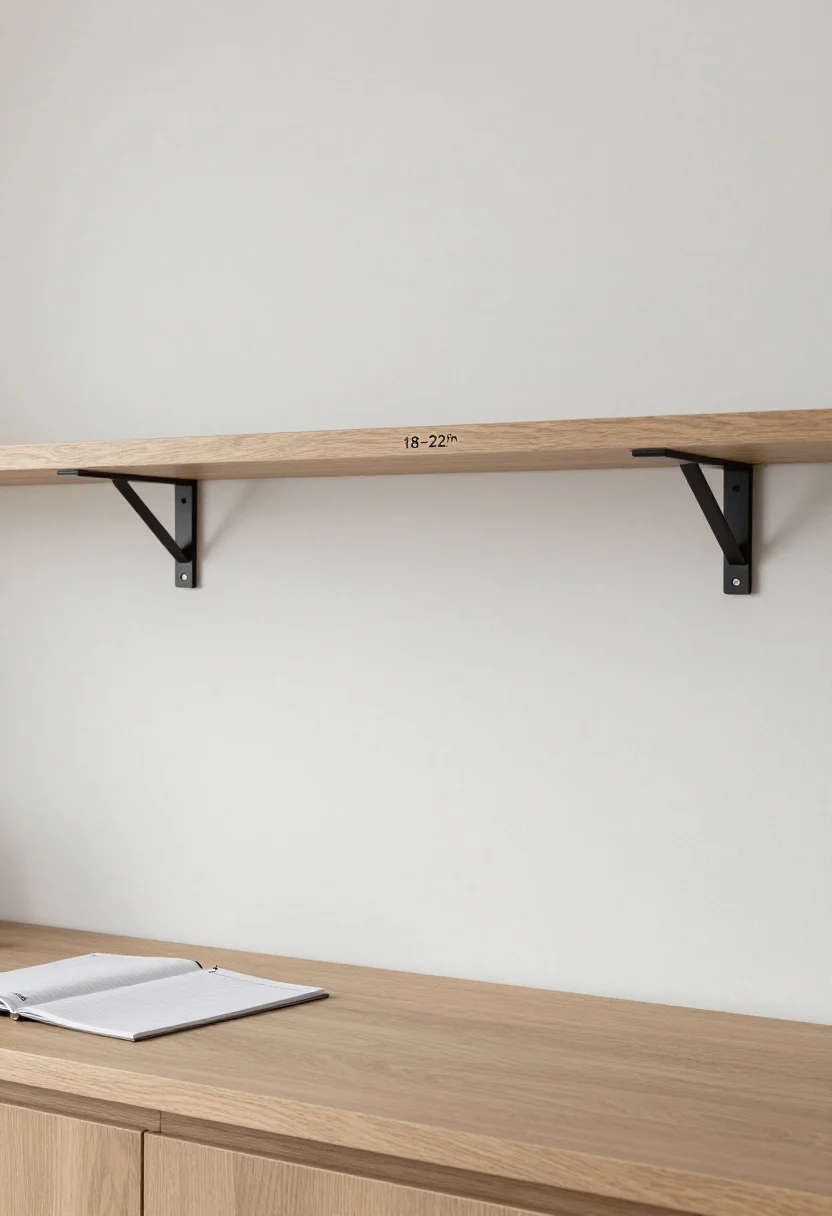 Medium detail shot, Why One Shelf Works: an instructional vignette showing a single shelf 18–22 inches above a countertop, 8–10 inches deep; heavy-duty concealed brackets implied; finish intentionally matching the cabinets for cohesion; shelf neatly consolidating daily items at eye level while the counter beneath remains clear; small labels noting height and depth subtly integrated on a notepad or tape measure on the counter; neutral lighting, clean and functional aesthetic, straight-on clarity.