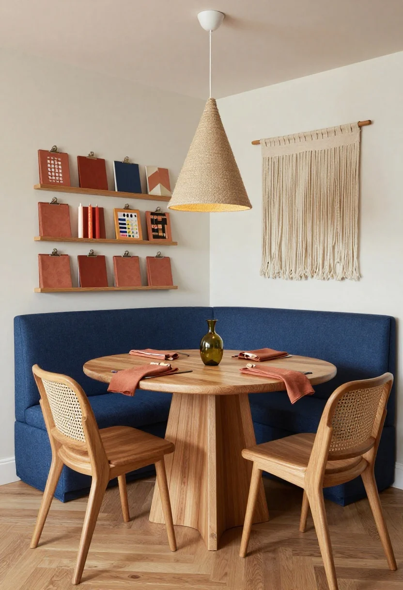 Medium dining nook from a slight corner angle: oak pedestal table centered beneath a soft jute pendant casting a warm cone of light; ink-blue banquette in wipeable performance fabric, paired with cane-back chairs; color accents of terracotta linen napkins and a single olive-glass vase on the table; banquette seat lifted to reveal sectioned trays with neatly organized art supplies and board games; a narrow wall cabinet painted to match the wall holding placemats, napkins, party candles; clip-on edge protector snapped onto the table for craft mode; wool wall hanging above the banquette for sound control; sealed oak finish surfaces, photorealistic.