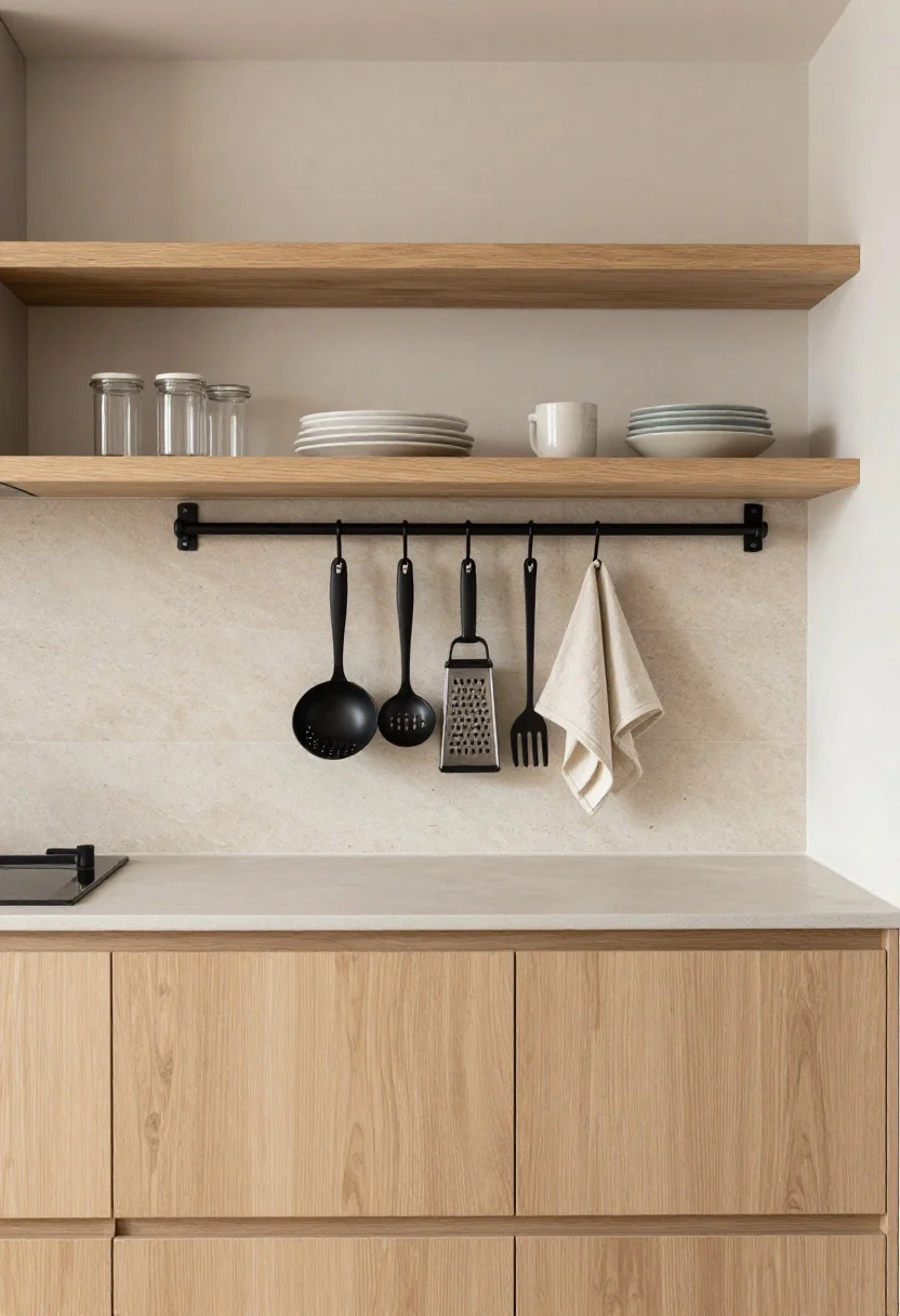 Medium galley kitchen shot from a slight angle down the run: closed base cabinets below, counters in a mid-tone light ash/pale concrete-look finish; above, two continuous 10-inch-deep light oak shelves running the prep zone, mounted 16–18 inches above the counter, sparsely styled with dishes and a few clear square airtight canisters; a matte black utensil rail under the lower shelf with S-hooks holding a small colander, ladle, grater, and linen towel (only 6 essential tools); a light stone-look peel-and-stick backsplash (4–6 inches high) along the wall; under-shelf LED strips at 3000–3500K illuminating the work surface; calm palette of oak and matte black, photorealistic.