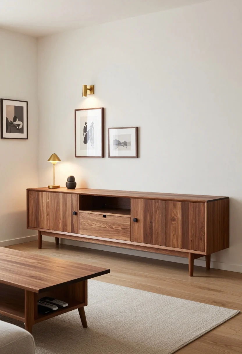 Medium room shot, living room: warm white walls, a low, wall-to-wall closed-front media console (18–22 inches high, 16–20 inches deep) reading as one continuous oak/walnut line beneath a TV, slab doors with push-latch or matte black pulls, a thin oak top for a custom feel, brass picture lights above framed art, and an 8x10 rug grounding a sofa with front legs on it. In front, a wood lift-top coffee table partially raised, revealing a concealed compartment of remotes/chargers (6 inches clearance). Layered lighting: plug-in sconces and a dimmable table lamp on the console. Calm, family-friendly vibe; corner angle.