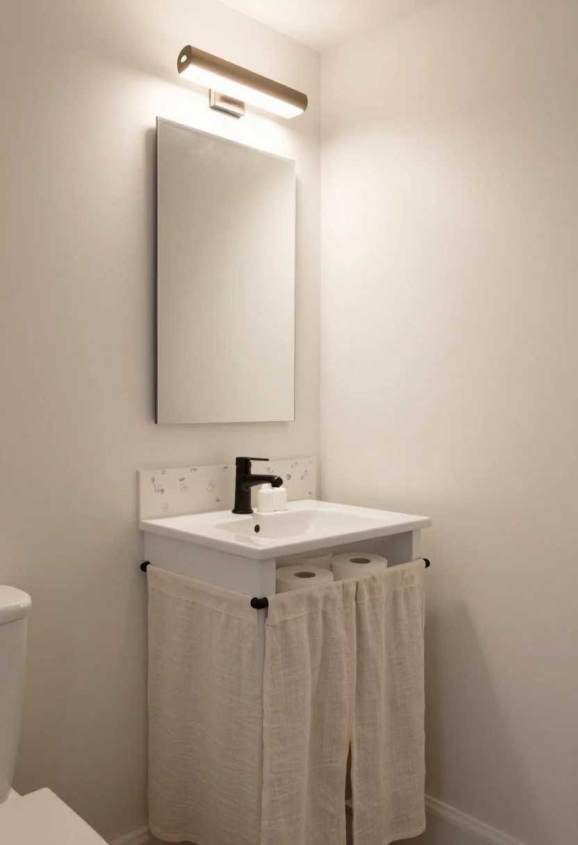 Medium shot, bathroom vanity wall: warm white walls (non-blue, e.g., White Dove look), a recessed 14-inch wide medicine cabinet between studs with a mirror-front door flush to the wall, brass or matte black picture light above the mirror on a dimmer casting flattering light, an open-base vanity concealed by a tailored linen skirt attached with Velcro, hiding lidded bins for TP and cleaners. Subtle peel-and-stick backsplash behind the sink for wipeability. Texture focus on the linen skirt and metal finish; front-on view, softly diffused lighting.