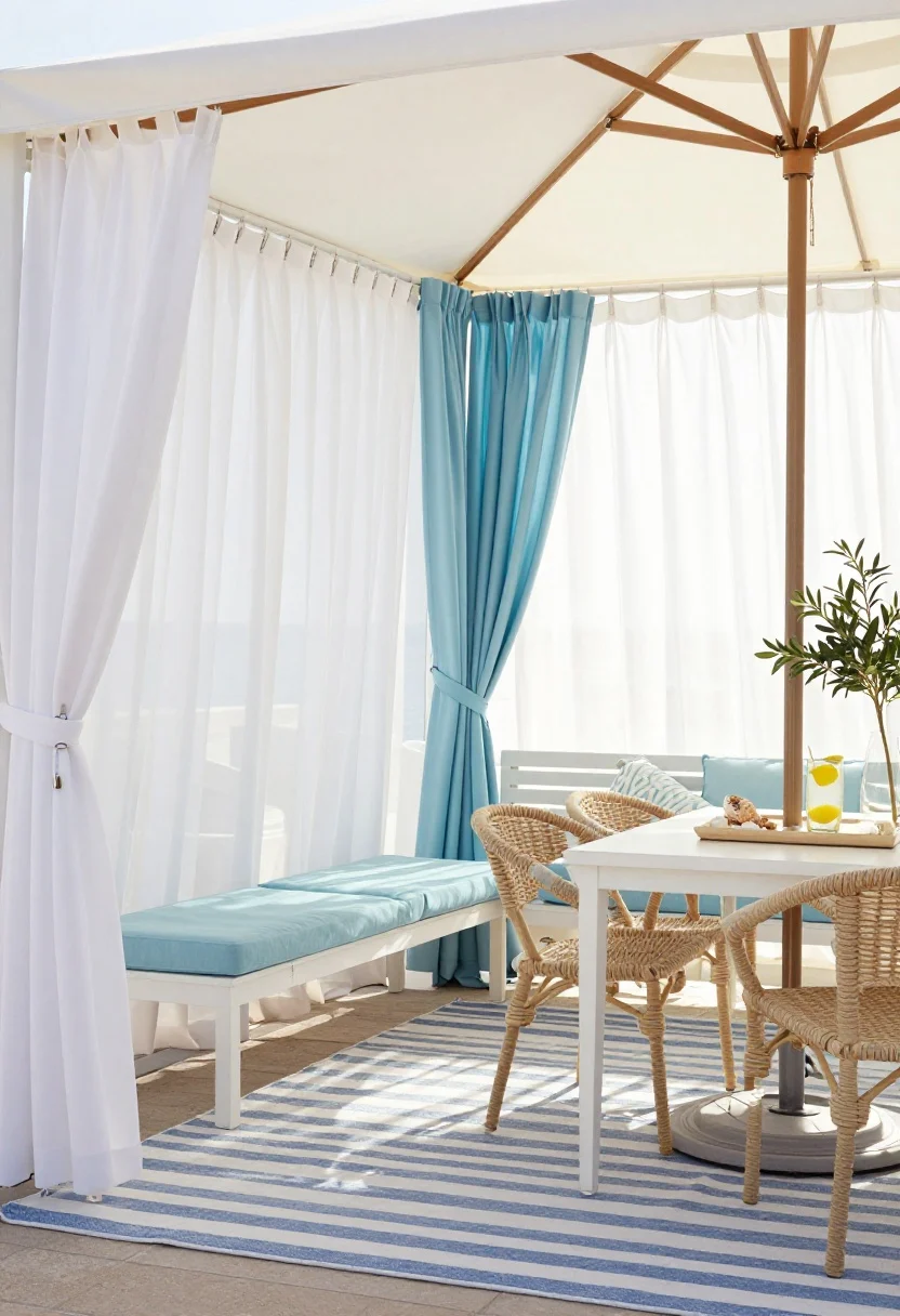 Medium shot, Coastal Cabana balcony in bright morning light: a tension-curtain rod spans between walls holding outdoor white voile panels, gently swept aside; layered with a second set of blackout outdoor curtains partially drawn; striped blue-and-white rug grounds a white bistro table with rope-wrapped chairs; a slatted storage bench topped with sky-blue cushions; a freestanding umbrella with a weighted base provides shade and privacy; tray styled with seashells, lemon water, and a tiny olive tree; colors white, sky blue, sandy beige; clip-on lead curtain weights visible at the hem; straight-on perspective, airy and breezy, photorealistic.