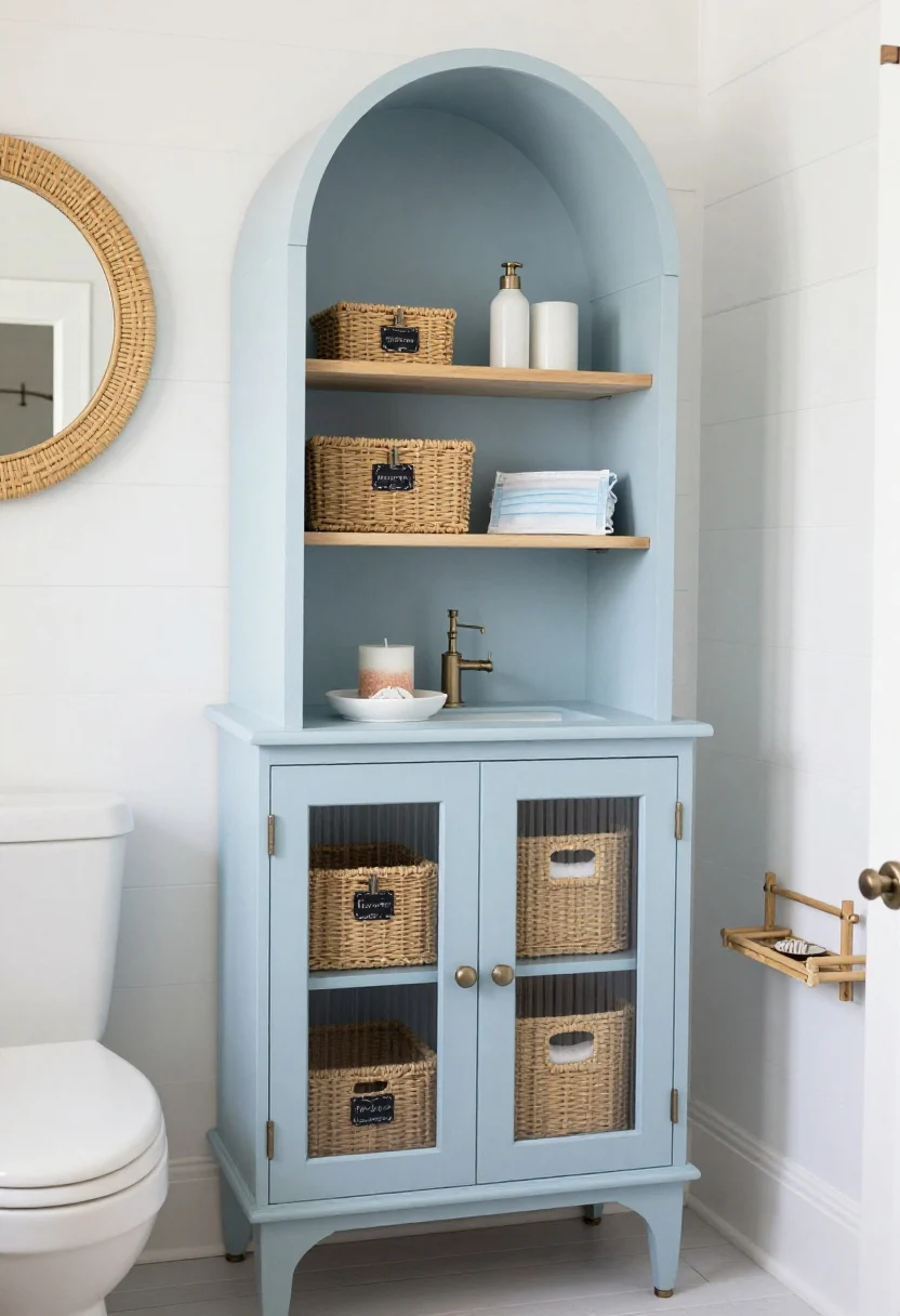 Medium shot, Coastal Fresh bathroom: white tongue-and-groove walls, soft sky-blue vanity with brushed nickel hardware, light reflecting from a round rattan mirror for breezy feel. Highlight the wall-mounted arched cabinet over the toilet in painted wood with fluted glass doors, opened to reveal stackable woven baskets with chalk-label clips reading sunscreen, first-aid, face masks. Include full-extension drawers under the vanity slightly open with microfiber hair towels, a tiered bamboo shower caddy in the background, and a small ceramic tray by the sink with a sea-salt candle and shell-shaped soap dish. Sunlit, crisp whites, soft blue, and sandy beige; textures of rattan, rope, ribbed glass, cotton.
