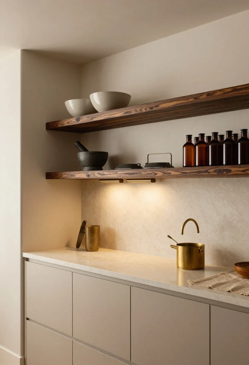 Medium shot, Earthy Modern Farmhouse: charred shou sugi ban shelf over cream quartzite backsplash/counters with soft taupe cabinets; matte brass pot filler above the range; shelf holding heavy ceramic mixing bowls, a vintage mortar and pestle, and clustered amber glass vinegar bottles; under-shelf rails displaying cast-iron lids; grain-sack runner softening the counter edge; twin brass sconces angled to spotlight the shelf with warm illumination; moody yet grounded ambiance, slight low-angle corner view.