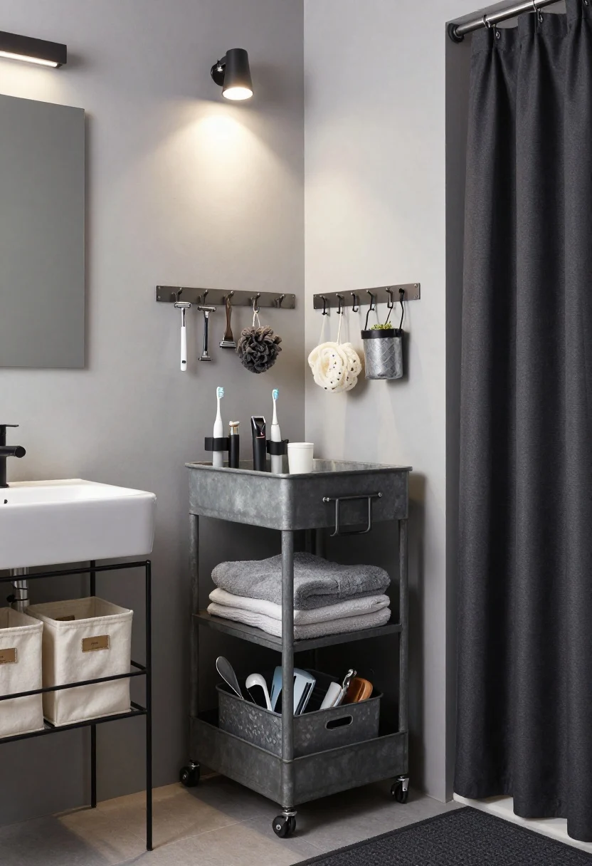 Medium shot from a low corner angle: Industrial utility bathroom in galvanized and charcoal tones with utilitarian lines. A narrow rolling utility cart beside the sink: top tier organized for daily grooming, middle tier stacked towels, bottom tier with cleaning gear inside a galvanized bin; a magnetic cable clip corrals chargers for electric toothbrushes and trimmers. On the wall, an adhesive metal rail with S-hooks holds razors, loofahs, and a small hanging planter. A black wire over-the-toilet shelf carries labeled canvas bins (shave, hair, skin). In-shower, a fog-resistant adhesive mirror for shaving. Charcoal shower curtain and rubber-backed graphite mat anchor the scene. Clip-on task light provides targeted brightness, loft-studio vibe, crisp photorealism.