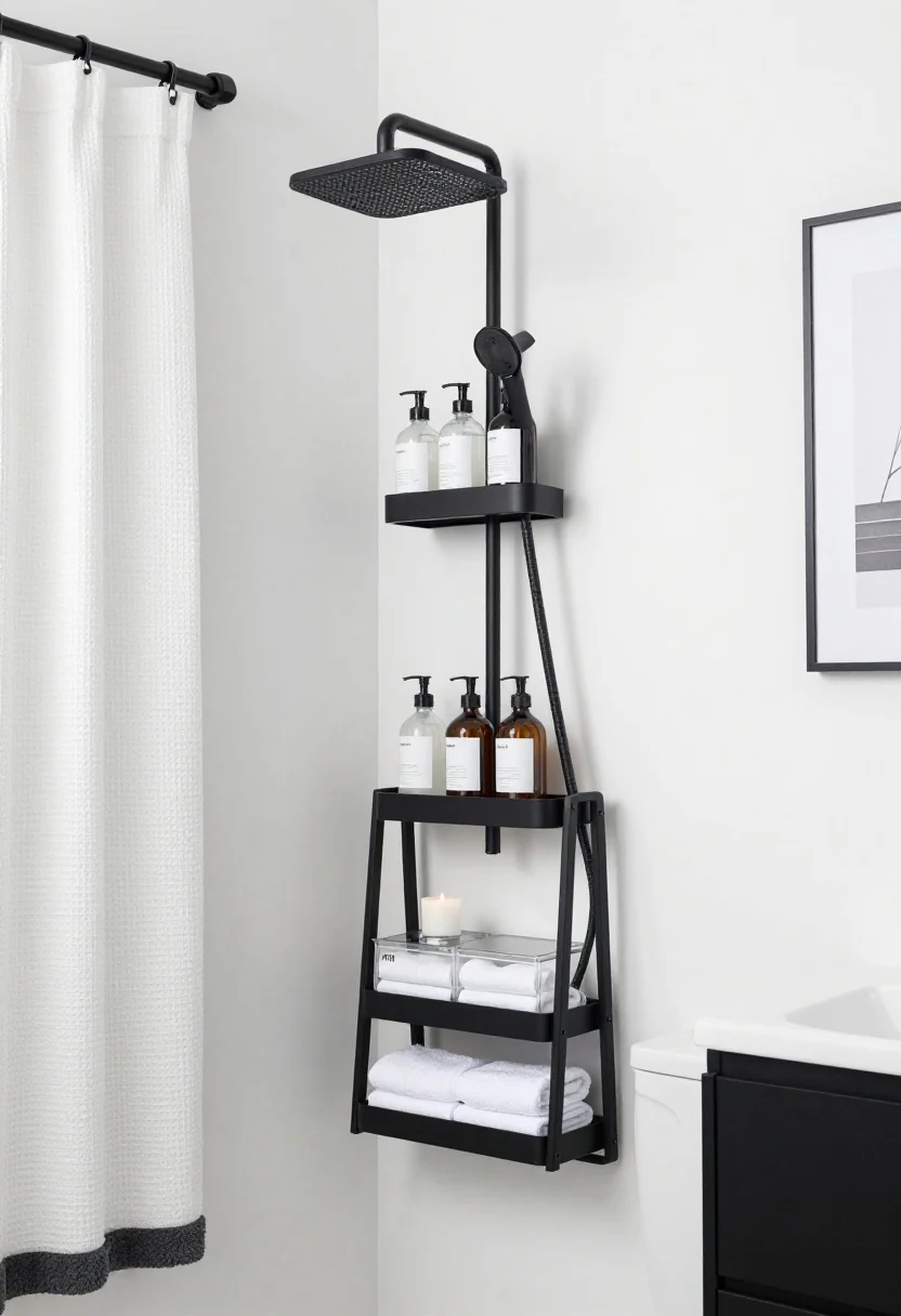 Medium shot from corner angle: A monochrome minimalist bathroom in crisp white, charcoal, and matte black with sharp contrast. Matte black tension shower caddy with multiple tiers holds labeled clear pump bottles for shampoo, conditioner, and body wash to reduce visual noise. Under-sink area shows stackable acrylic drawers organized AM/PM for skincare. Over-the-toilet ladder shelf in black metal displays spare white towels and a candle. Textiles: waffle-knit white shower curtain on black clip rings, charcoal bath mats with rubber backing. One black-framed architectural art print on the wall. Even, bright lighting emphasizing clean lines and zero clutter.
