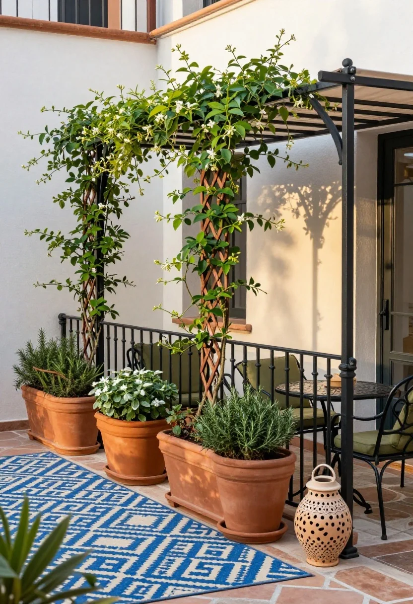 Medium shot, Mediterranean Courtyard vibe in late afternoon sun: terra-cotta planter boxes with integrated trellis backs line the rail, young jasmine vines clipped and beginning to climb with a few intertwined faux vine panels for instant fullness; blue-and-ivory geometric rug under a black wrought-iron café set with olive-green cushions; a freestanding pergola-style shade sail with weighted posts frames the balcony without touching the building; pots of rosemary, thyme, and oregano add texture and scent; a ceramic lantern with patterned cutouts sits near the café table; colors terra-cotta, cobalt, olive, wrought-iron black; angled perspective, warm shadows, photorealistic.