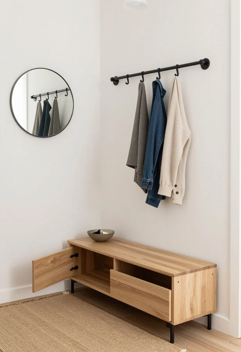 Medium shot of a narrow apartment entry from a slight corner angle, showing a 36–48 inch long bench only 12–14 inches deep in light oak with hidden shoe drawers/flip-up storage, warm white walls, a single linear rail of matte black hooks mounted high at about 70 inches with 6–8 inch spacing, lightweight jackets hanging without overlapping the bench; a round 18–24 inch mirror above reflecting soft light, a natural jute runner cut to length and taped down; a small bowl for keys on the bench; overhead flush mount with opal glass casting 3000K light; fingerprints-hidden matte black hardware, walkway clear and airy, photorealistic.