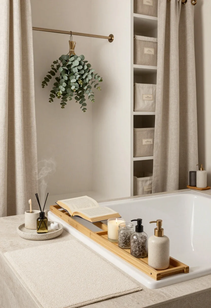 Medium shot, spa corner: Serene bathroom styled in stone tones, eucalyptus, and soft neutrals. On the floor, a diatomaceous earth bath mat; nearby counter holds a stone resin tray with a ceramic toothbrush cup and a travel-size essential oil diffuser releasing a faint mist. Above the tub, a bamboo over-the-tub tray with an open book, a candle, and a clear jar of bath salts. A tension rod over the shower head supports a fresh eucalyptus bundle. Narrow shelf stacks neutral fabric bins labeled by category. Linen-look shower curtain in oat/greige with brushed nickel rings; refillable stoneware pumps by the sink. Soft diffused daylight for zen spa mood, tactile surfaces highlighted.