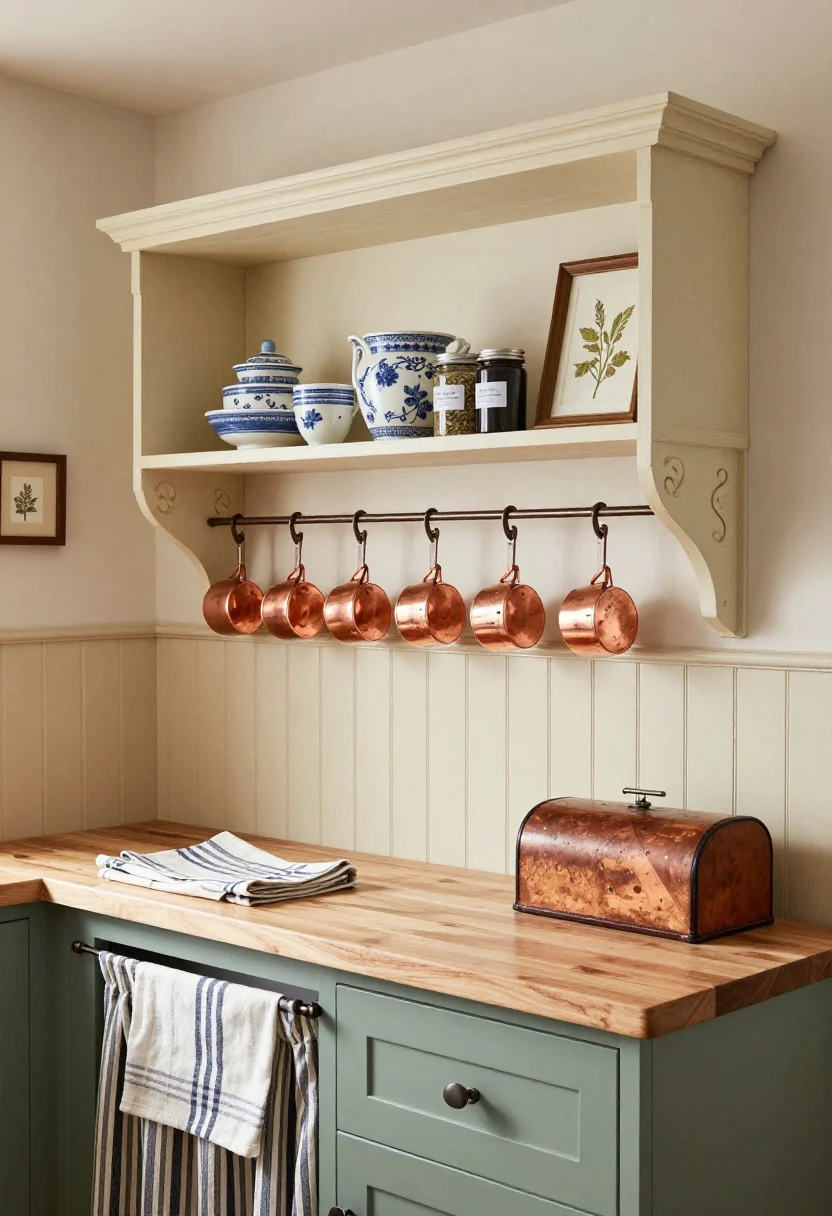 Medium shot, Vintage Pantry Wall: sage green lower cabinets, butcher block counter, cream beadboard backsplash; tall painted pine shelf with ornate iron brackets painted cream to blend into the wall; shelf layered with blue-and-white transferware and labeled spice jars; tiny framed botanicals flanking the shelf; row of copper measuring cups hung from small hooks beneath; striped café curtain under the sink; linen tea towels in ticking stripe and a vintage bread box on the counter; warm, cottage charm, soft natural light, slight corner angle.